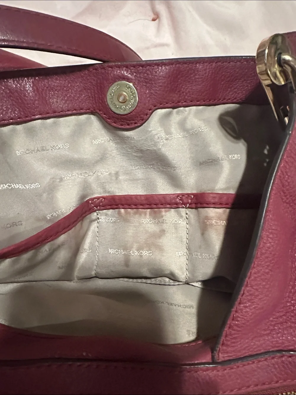Michael Kors Wine Pebbled Leather Shoulder Tote with Gold Hardware